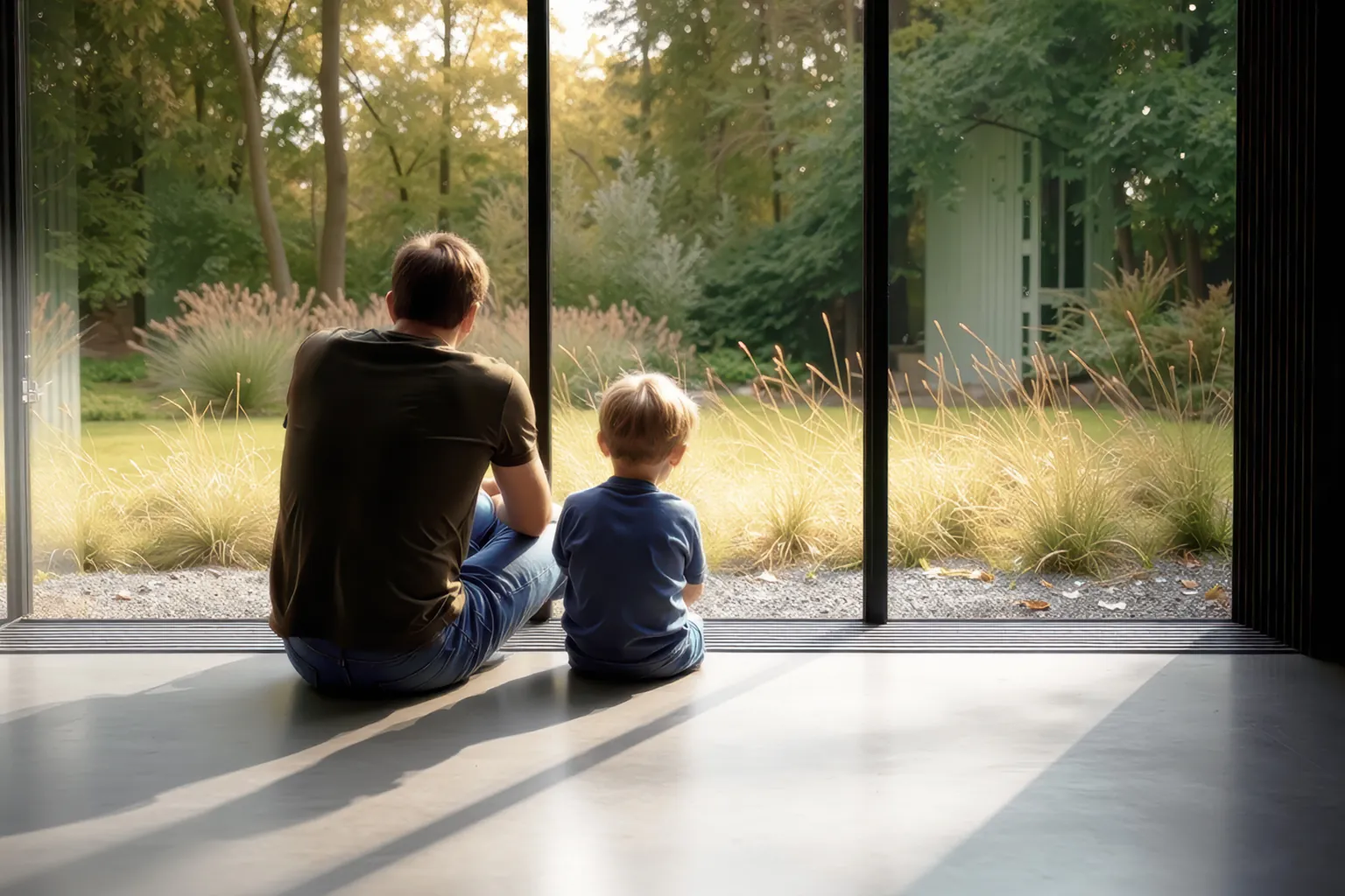 Vader en zoon zitten op een betonvloer, genietend van de tuin met bomen en gras