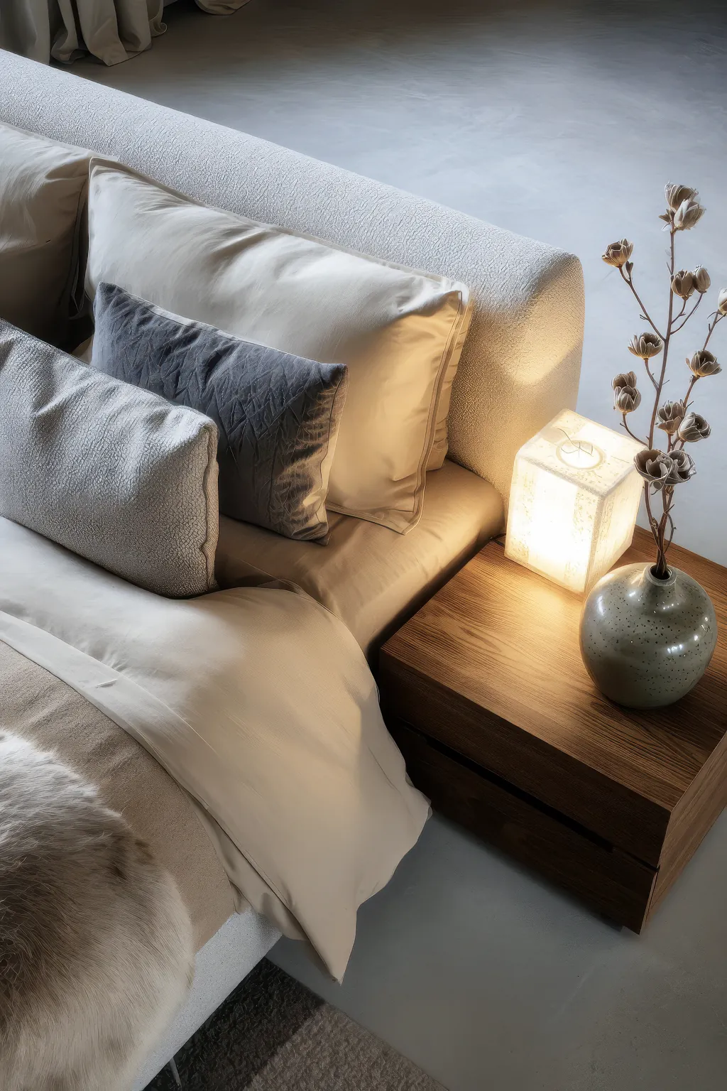 Minimalistisch slaapkamer interieur met betonvloer, moderne meubels en subtiele decoratie