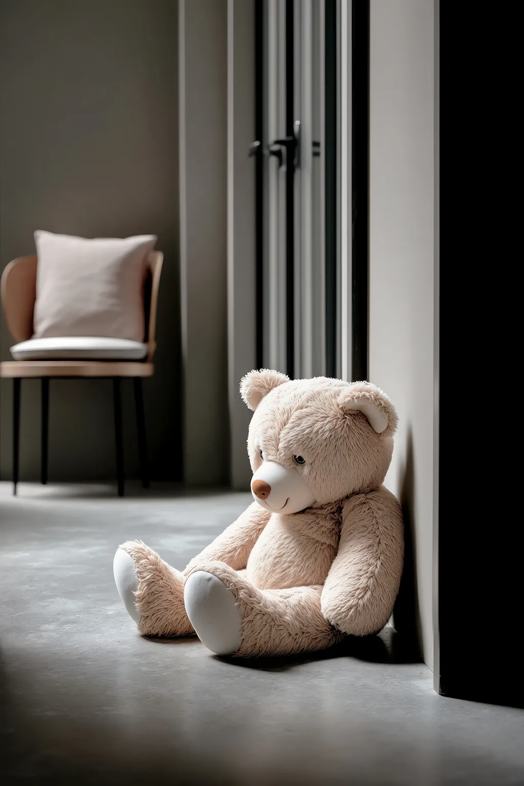 Een teddybeer zit op een woonbetonvloer in een minimalistisch interieur met een stoel en een kussen