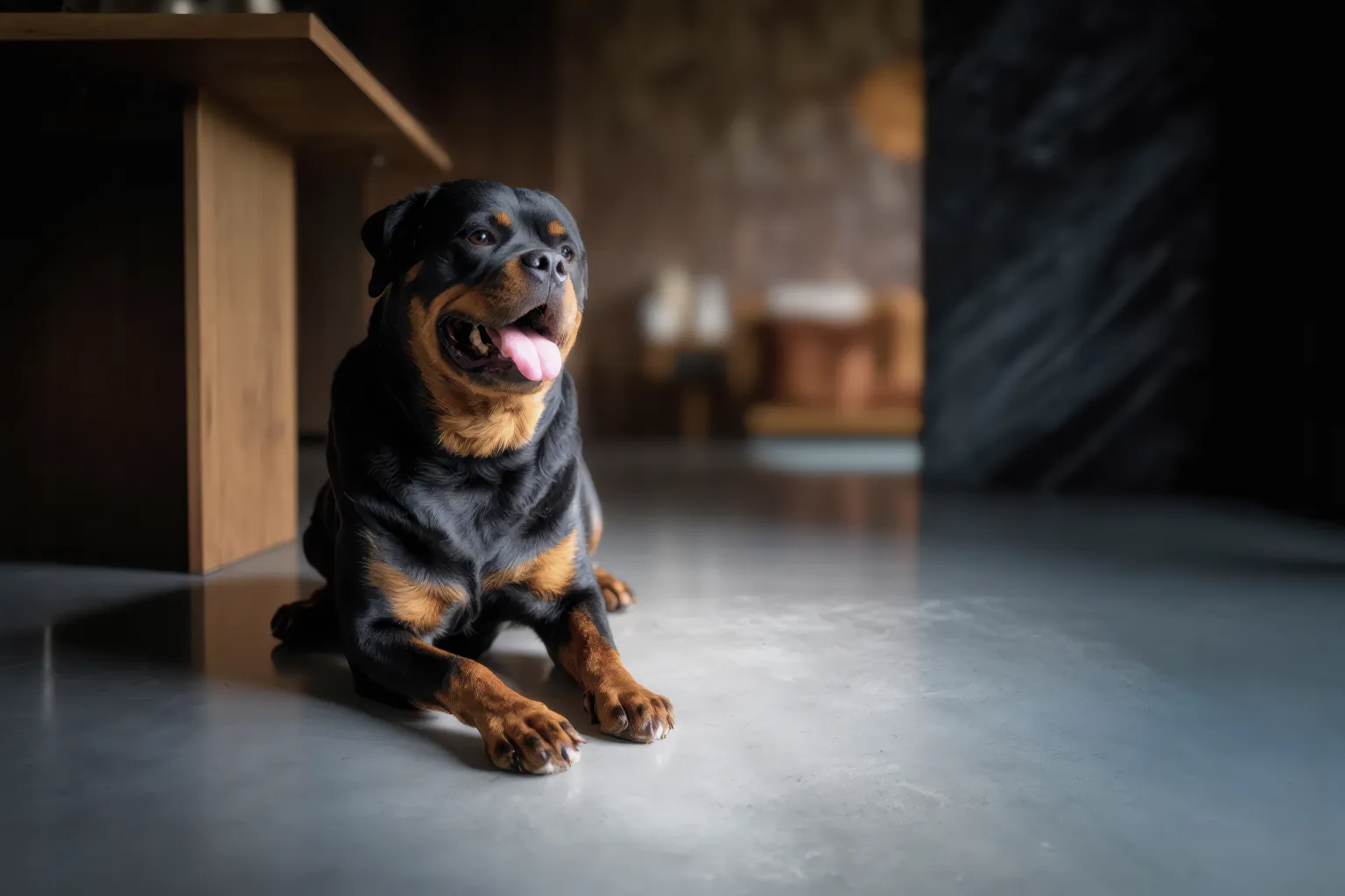 Rottweiler op woonbetonvloer, gezellig en rustig