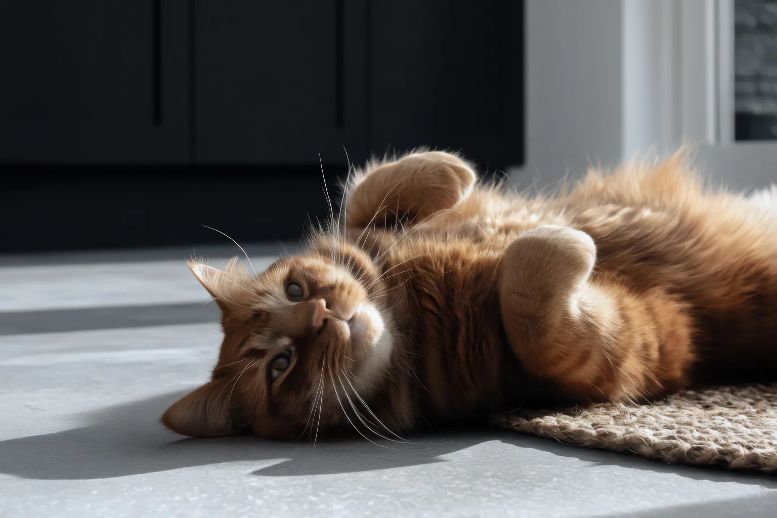 Een ontspannen rode kat ligt op zijn rug op een woonbetonvloer, genietend van de zonnestralen