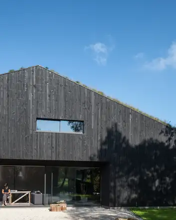 Modern zwart houten huis met groen dak, glazen front en minimalistische architectuur