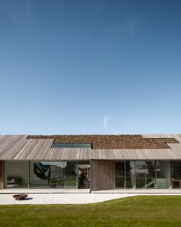 Modern huis met houten gevel en betonnen terras, groen dak, glazen wanden, ruime tuin