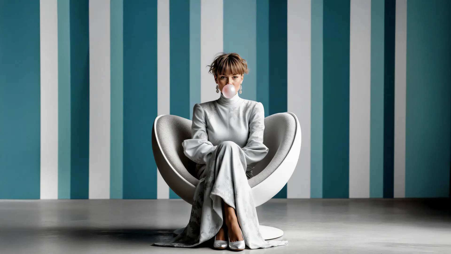 Betonvloer met gekleurde achterwand en vrouw met bubblegum in moderne stoel