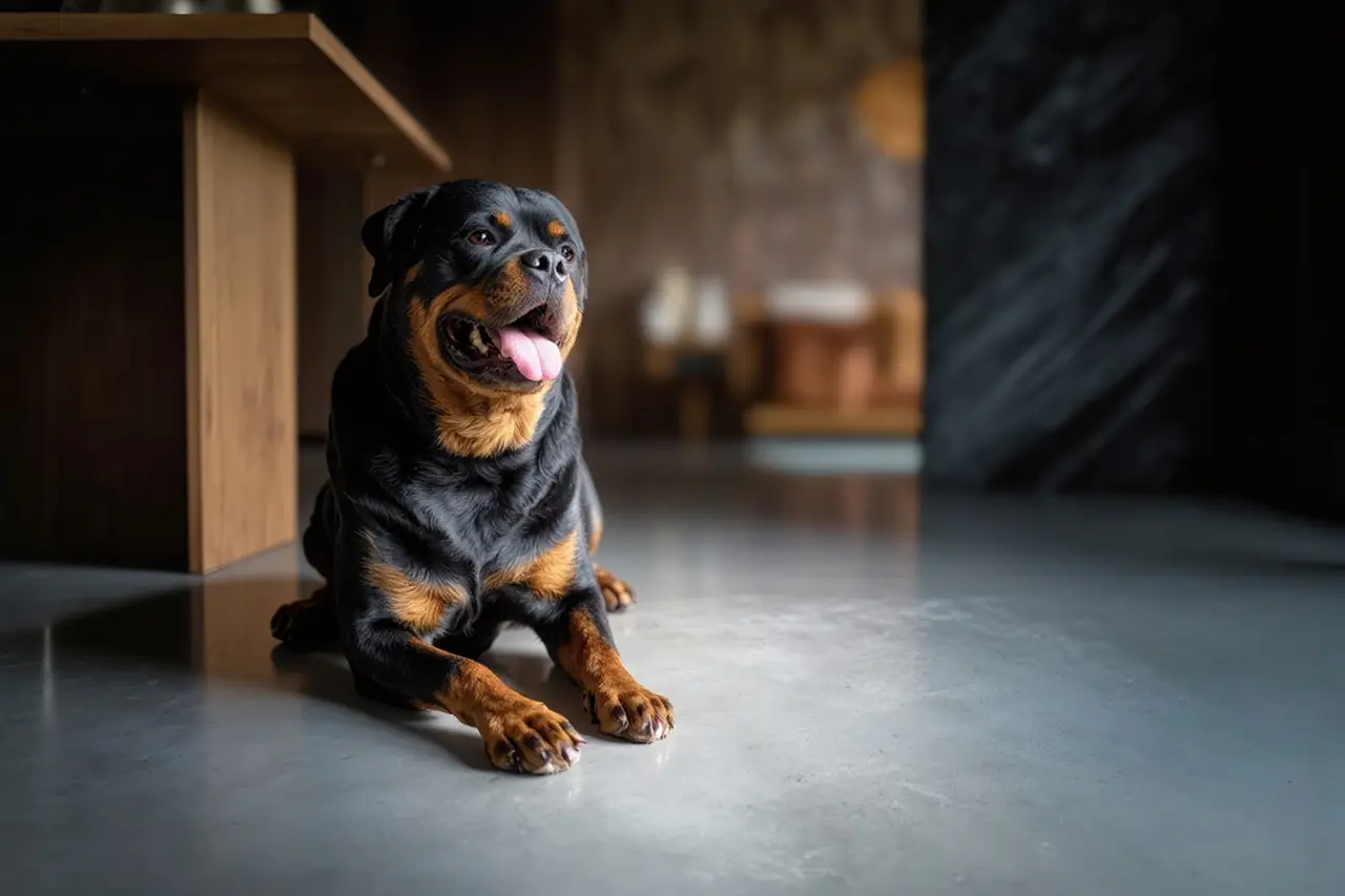 Rottweiler op woonbetonvloer, gezellig en rustig