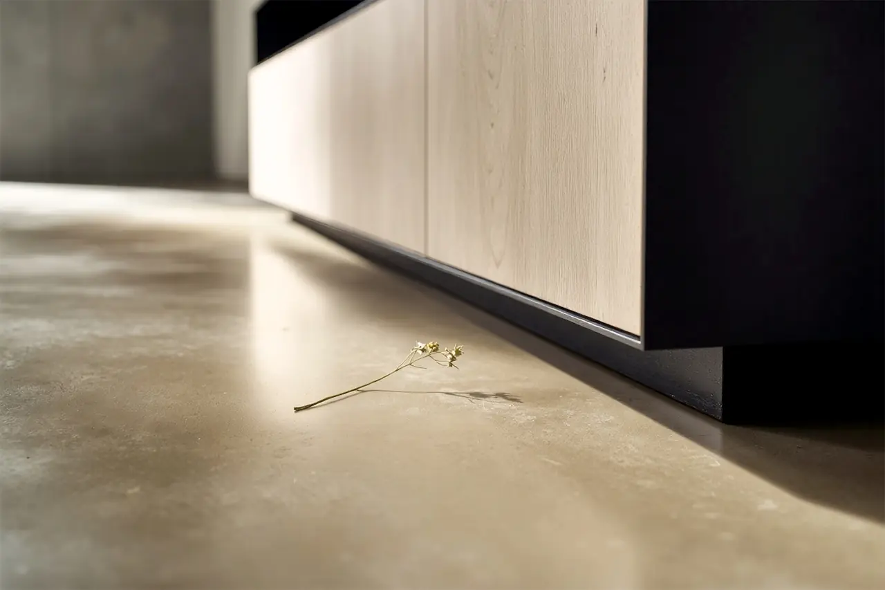 Gekleurde betonvloer met bloem en moderne meubel, minimalistisch interieur