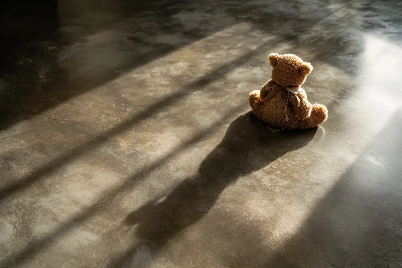 Een teddybeer zit alleen op een gekleurde betonvloer, schaduw en zonlicht