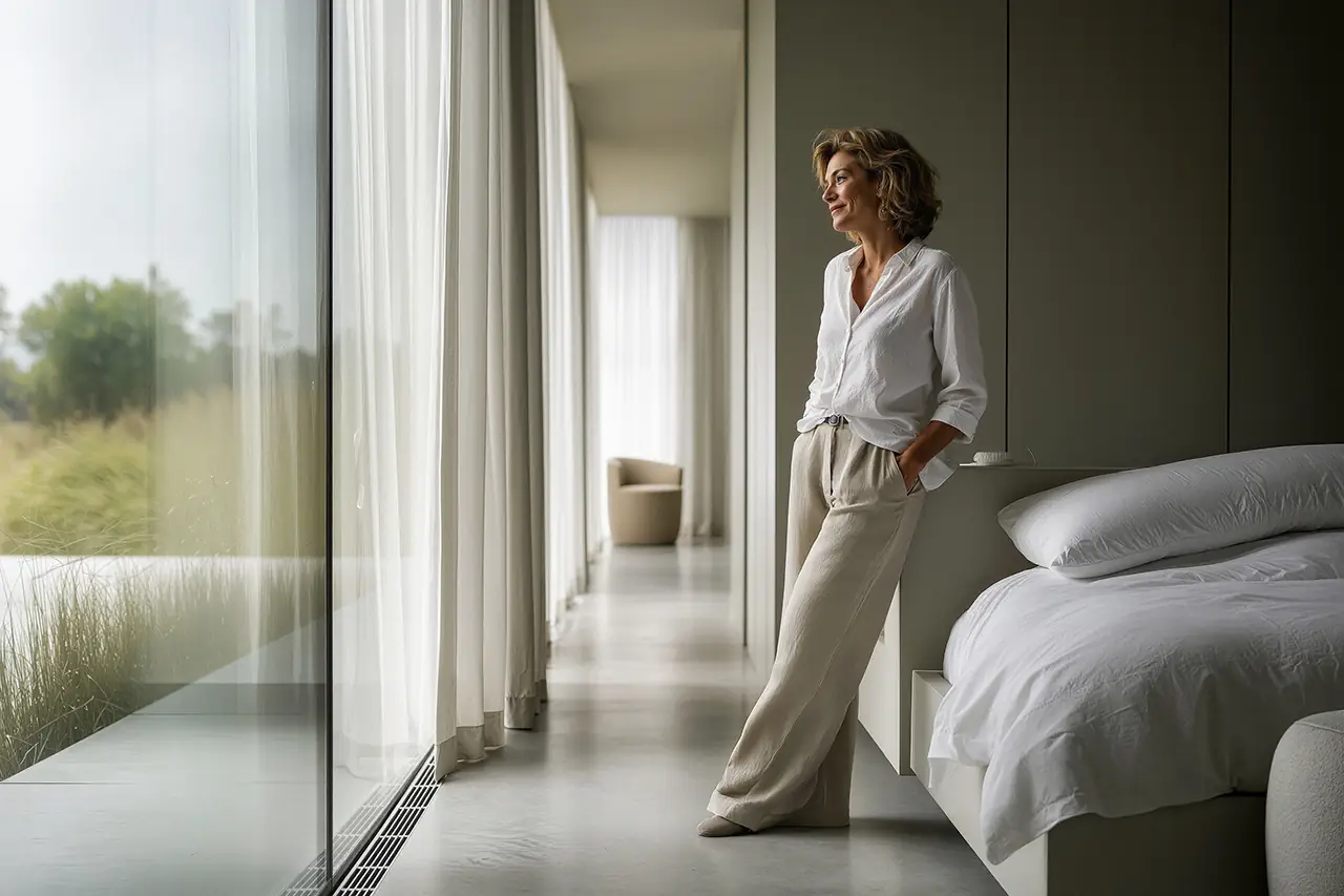 Vrouw kijkt uit het raam in een moderne slaapkamer met woonbeton en uitzicht op groen landschap