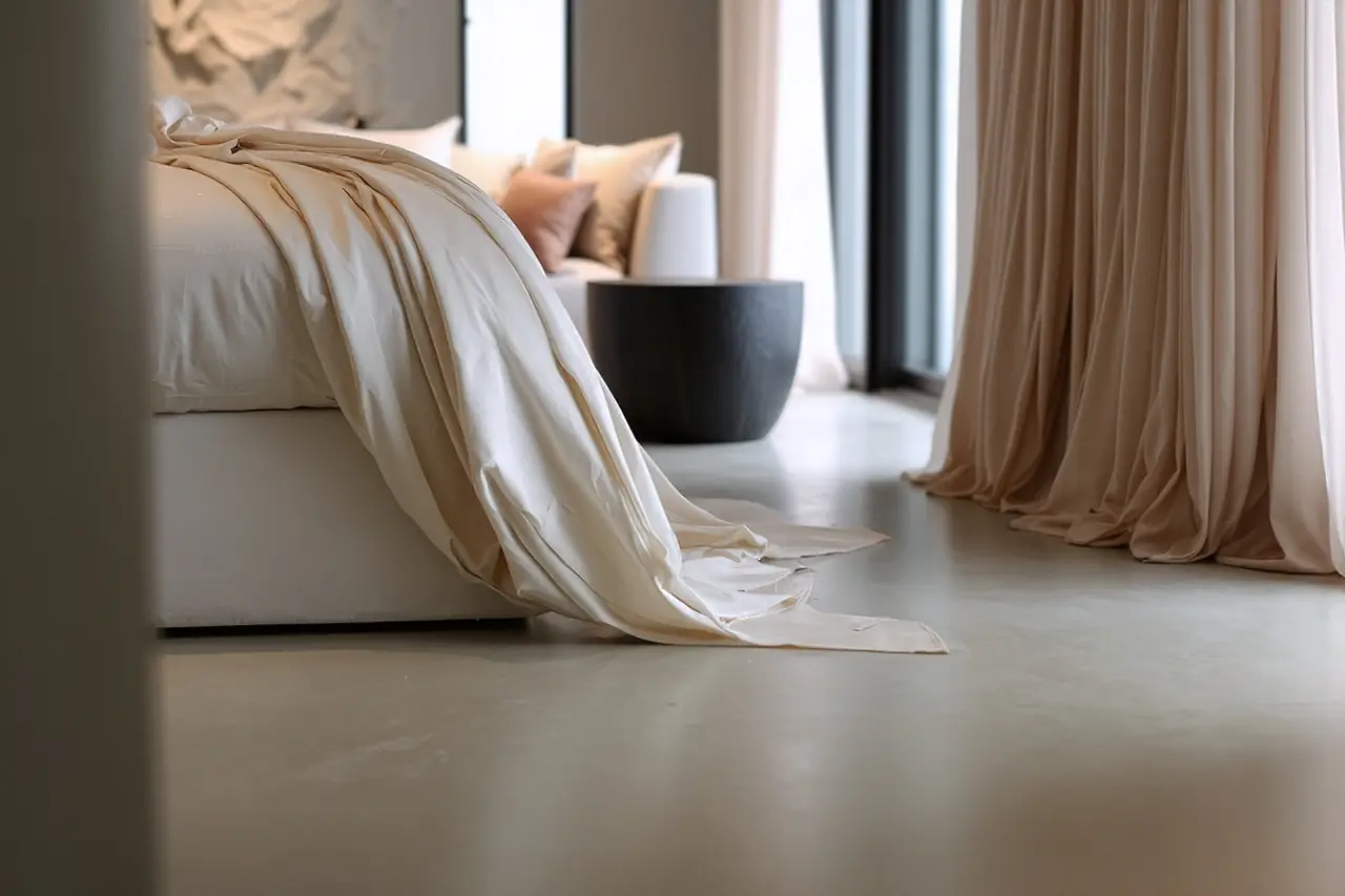Slaapkamer met gekleurde betonvloer, minimalistisch interieur, comfortabel bed