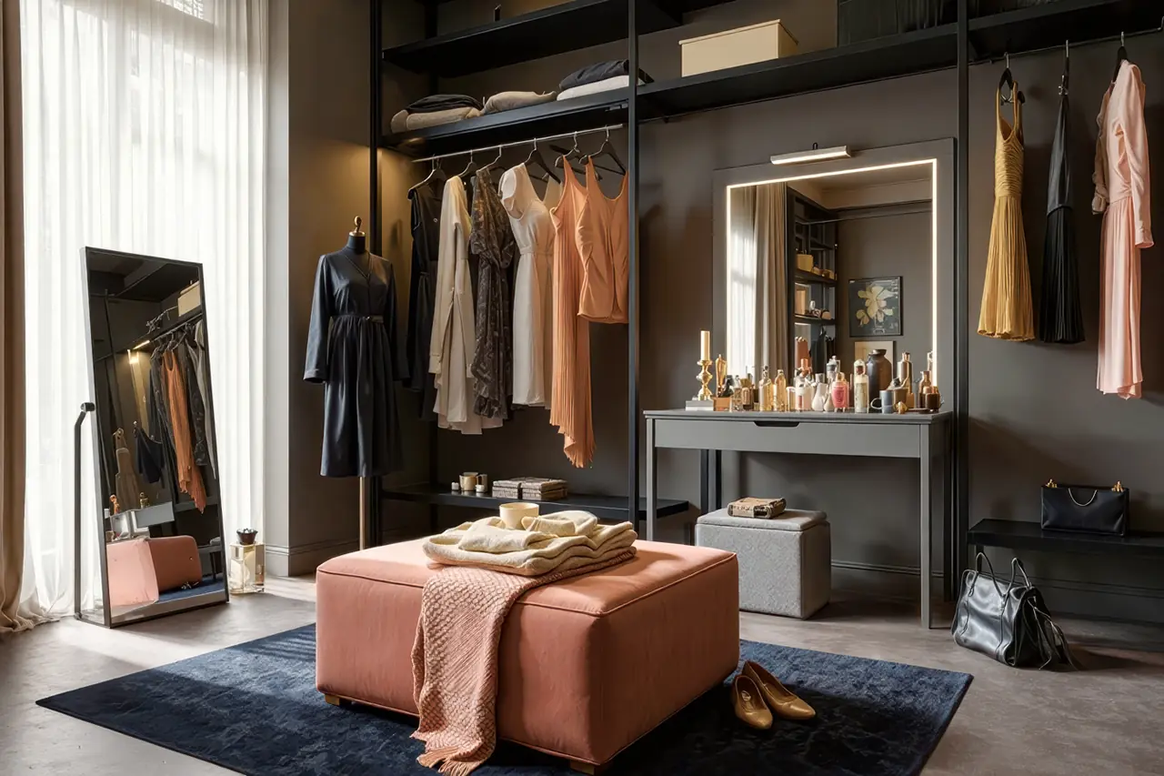 Elegante kledingkamer met woonbetonvloer, hangers, kleding en accessoires, modern en stijlvol