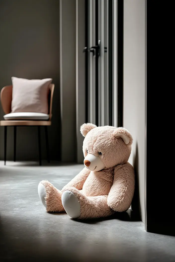 Een teddybeer zit op een woonbetonvloer in een minimalistisch interieur met een stoel en een kussen