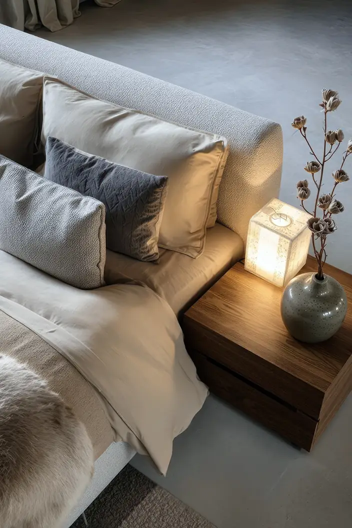 Minimalistisch slaapkamer interieur met betonvloer, moderne meubels en subtiele decoratie