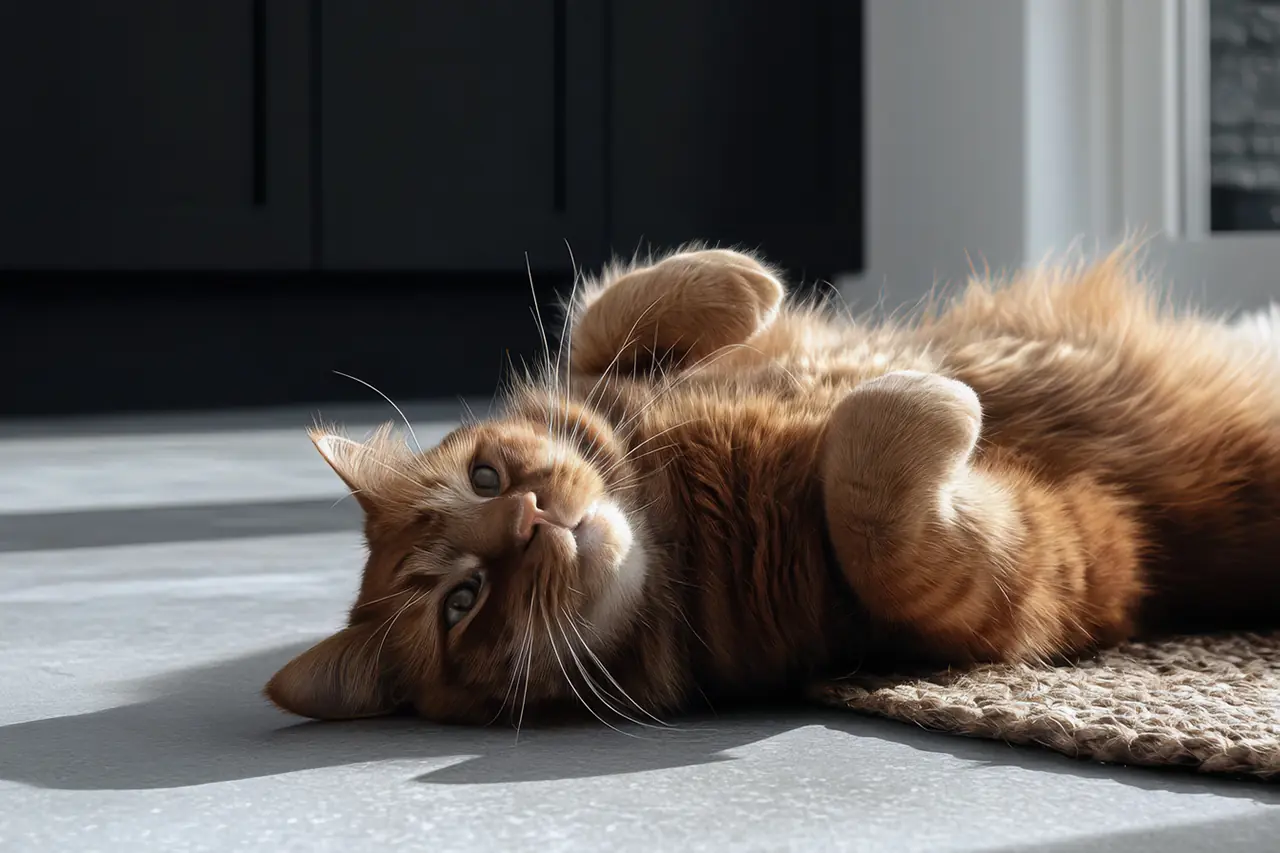 Een ontspannen rode kat ligt op zijn rug op een woonbetonvloer, genietend van de zonnestralen
