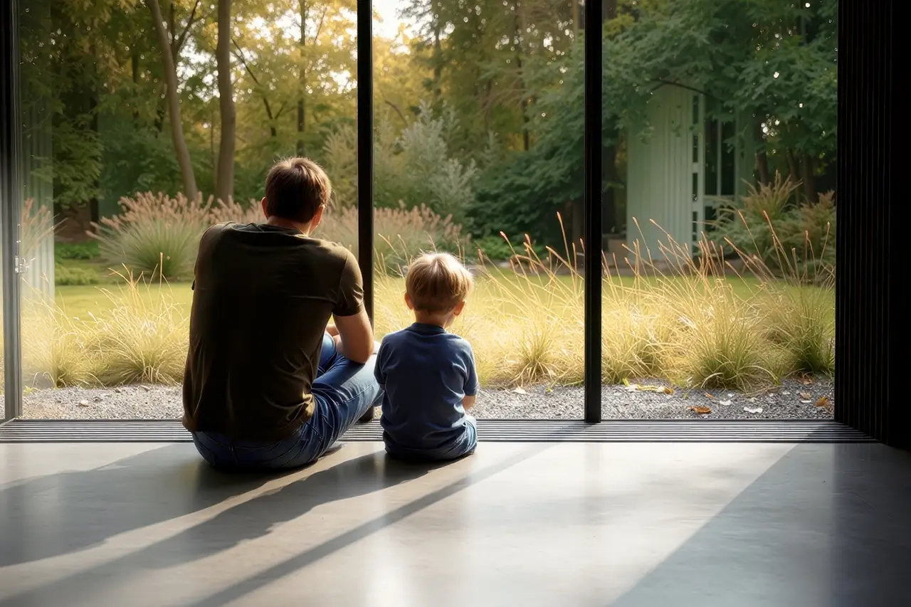 Vader en zoon zitten op een betonvloer, genietend van de tuin met bomen en gras