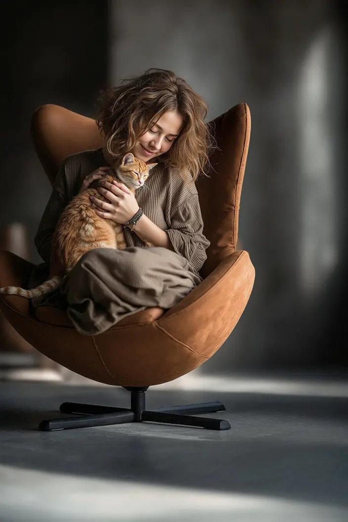 Een vrouw in een comfortabele stoel op een gevlinderde betonvloer, met een kat op haar schoot