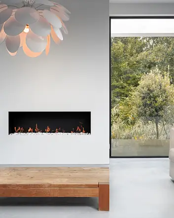 Minimalistisch interieur met moderne haard en woonbeton, gezellige woonruimte met uitzicht op betonvloer terras